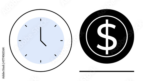 Analog clock and dollar coin side by side, symbolizing time and money. Ideal for time management, investment, business efficiency, financial planning, productivity, budgeting, simple flat metaphor