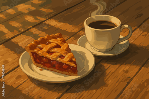 A steaming cup of coffee sits alongside a slice of lattice-topped cherry pie on a wooden table, exuding warmth and comfort.