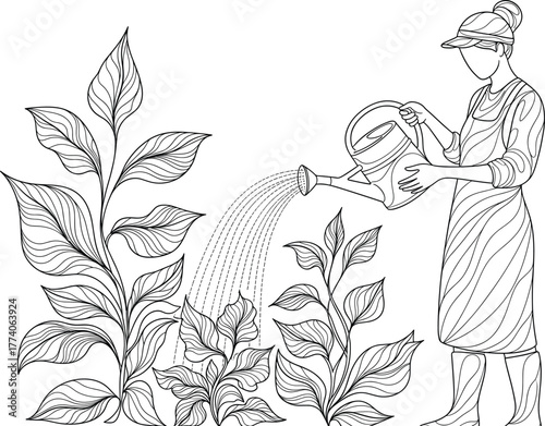 Gardener Watering Plants with Can in Line Art Style, Sustainable Living, Nature Care, Rural Lifestyle Vector Illustration Drawing