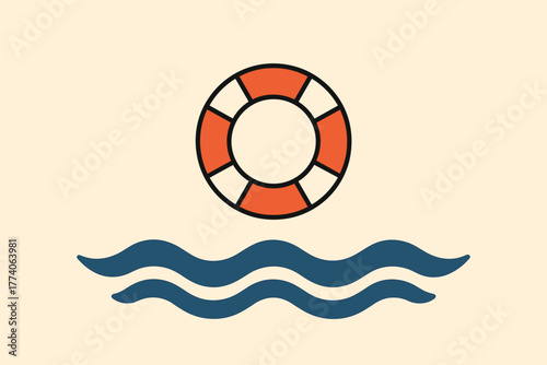 Simple illustration of a red and white lifebuoy floating above blue wavy lines, symbolizing water safety and rescue concepts.