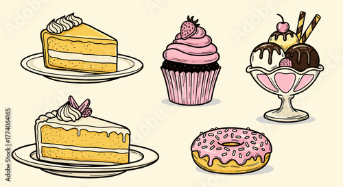 Assortment of desserts including two slices of layered cake, a cupcake with pink frosting, a pink-glazed donut, and an ice cream sundae in a glass dish.