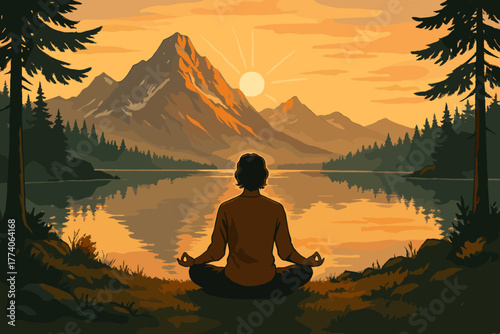 A person meditates in a serene lakeside setting at sunrise, surrounded by tranquil waters, silhouetted mountains, and tall pine trees.