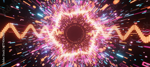 The dynamic bright abstract illustration of explosive pulsating radius musical equalizer waves is great for background design in the music and computer industry. Vector graphics. EPS_03.