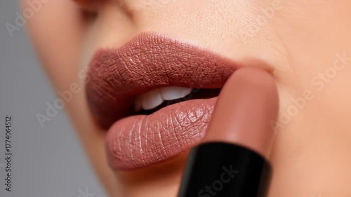 Macro shot of a person applying matte brown lipstick with a black applicator