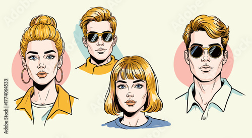 Stylized portraits of four young caucasian individuals, featuring two males and two females with varied hairstyles and expressions.