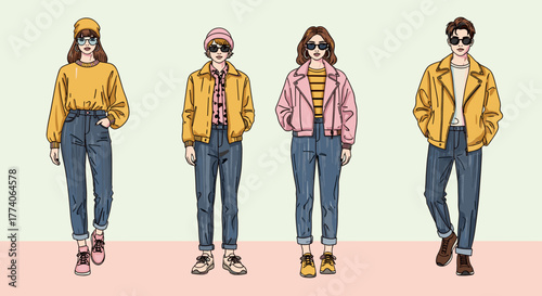 Four stylishly dressed young adults and teens with sunglasses pose confidently, showcasing casual and trendy fashion with vibrant jackets and jeans.