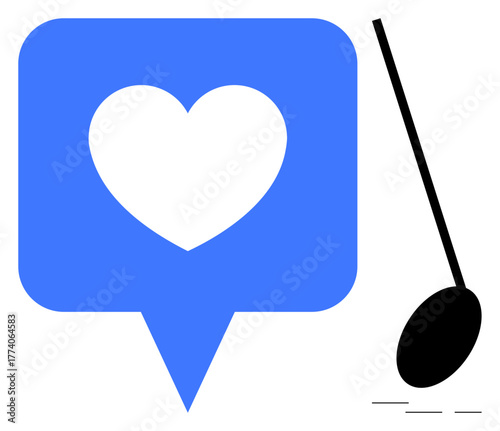 Large heart inside blue speech bubble beside a black musical note. Ideal for music, love, creativity, social interaction, communication, passion, and artistic expression. Simple flat metaphor
