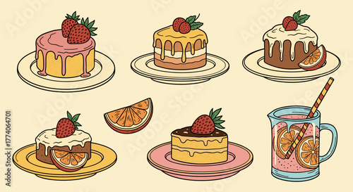 A collection of six colorful desserts with strawberries and orange slices, including layered cakes with frosting and a refreshing beverage with citrus slices.