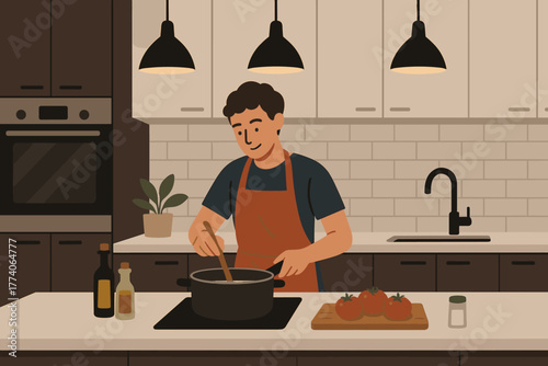 A young caucasian male chef in a modern kitchen prepares a meal, stirring a pot on the stove while fresh tomatoes rest on a chopping board nearby.