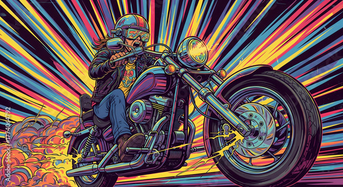 Vibrant Psychedelic Biker on Motorcycle Speeding Illustration