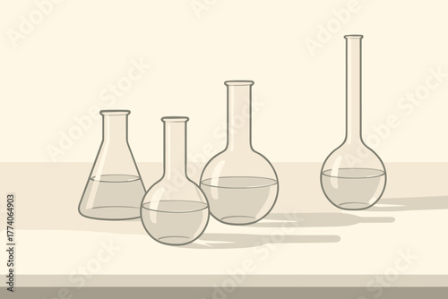 Four clear glass laboratory flasks with varying shapes and heights contain translucent liquid, casting shadows on a clean surface.