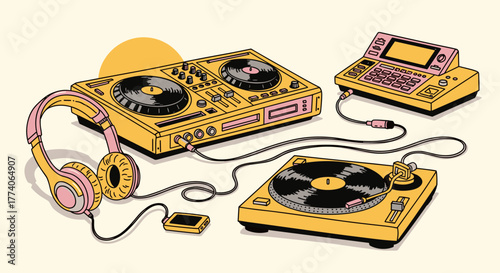 Illustrated setup of classic dj equipment with a turntable, mixer, headphones, and a digital sampler in vibrant retro style.