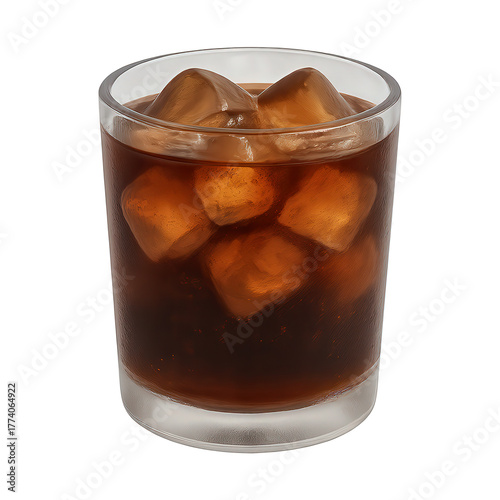 Glass of dark iced beverage with ice cubes isolated on transparent background  