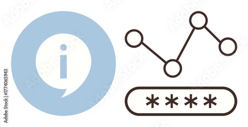 Information icon, data graph with connected dots, password field. Ideal for cybersecurity, data analysis, information sharing, technology, user authentication, digital security simple flat metaphor