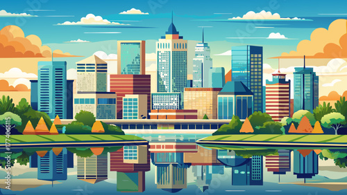 Very beautiful panoramic view of Indianapolis, Indiana, USA skyline along the White River, featuring modern skyscrapers, reflections on the water, and lush riverside greenery under a bright sky.