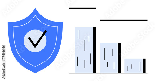 Blue shield with a checkmark paired with a descending bar graph. Ideal for data protection, security, analysis, business, cybersecurity, statistics. Clear visual for a simple flat metaphor
