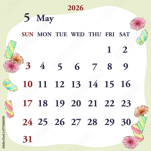 2026年5月のカレンダー　日曜日始まり