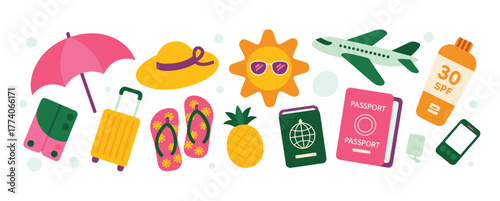Assorted Travel and Vacation Icons on White Background