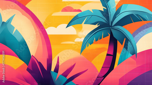 Colorful retro 80s Miami style graffiti background with palm trees and shapes
