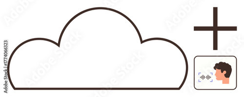 Cloud outline with user voice recognition below and a plus sign highlighting expandability. Ideal for technology, cloud computing, voice interaction, innovation, digital tools, data integration