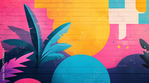 Colorful 1980s Miami Beach graffiti background with palm trees and geometric shapes