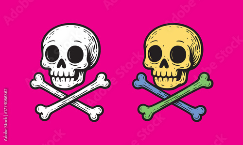Two skull and crossbones illustrations, detailed cartoon style with strong outline and shading