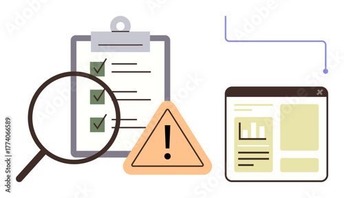 Magnifying glass over checklist, warning triangle, data chart on browser window. Ideal for risk analysis, decision-making, quality control, compliance, strategy, auditing simple flat metaphor