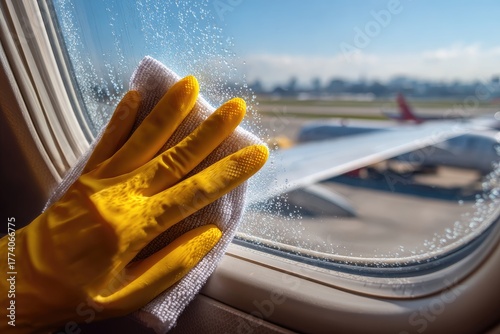 Cleaning airplane windows with bright yellow gloves during daytime at the airport