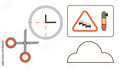 Clock, scissors cutting time symbol, traffic warning sign, fuel gauge, cloud shape. Ideal for time efficiency, eco awareness, decision-making, resource conservation urban planning environmental