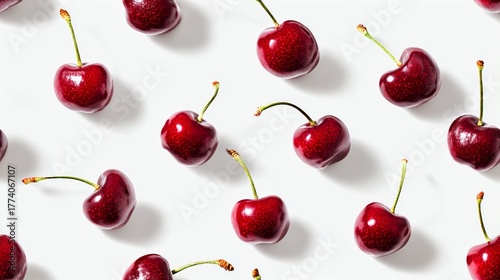 Fresh red cherries arranged on a clean white background, showcasing their vibrant color and glossy texture, perfect for food photography and culinary design inspiration