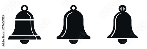 Minimalist New Year Bell Icons Vector Set – Festive Black Silhouette Celebration Bells for Holiday Design, Winter Decoration, Christmas and New Year Graphics in Modern Flat Style