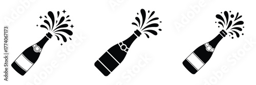Celebration Champagne Bottle Vector Set – Popping Sparkling Wine Icons for New Year Party, Holiday Festivity, Luxury Celebration, Toast Design, Black Silhouette Festive Illustration