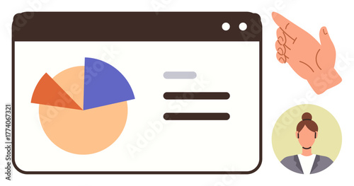 Data chart with pie segments on browser screen alongside a user profile icon and hand gesture. Ideal for analytics, business strategy, teamwork, digital tools, education, data sharing