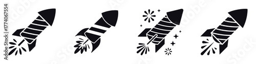 Firework Rocket Vector Set – Festive Firecracker Icons for New Year Celebration, Party Night, Holiday Festival, Exploding Rocket Silhouette Design, Festive Light and Spark Illustration