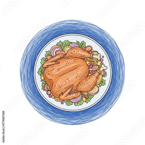 Roast chicken served on a colorful platter with vegetables  