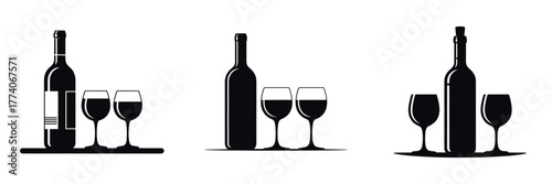 Wine Bottle and Glasses Vector Set – Elegant Drink Silhouette for New Year Celebration, Holiday Party, Festive Toast, Luxury Celebration Design, Romantic Dinner and Celebration Artwork