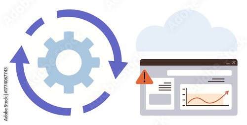 Gear surrounded by rotating arrows next to a web interface showing alert and data chart. Ideal for cloud computing, system management, automation, data analysis, error handling, performance tracking