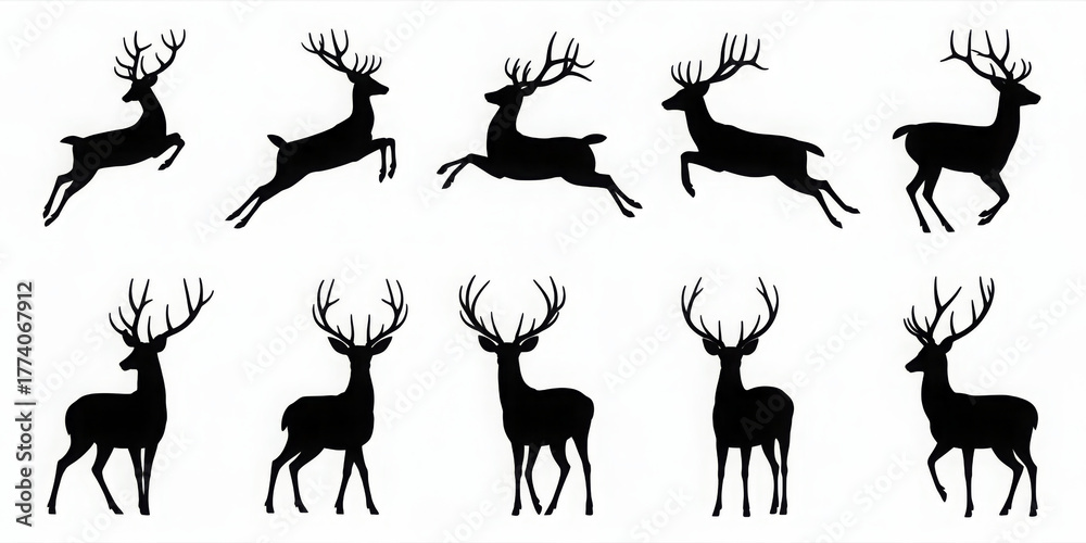 Naklejka premium Set of deer silhouettes vector illustrations of reindeer in various poses perfect for Christmas designs and winter themes