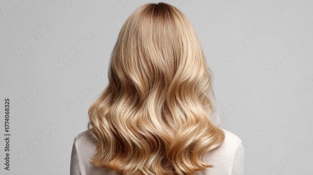 Fototapeta premium Woman with long, wavy blonde hair viewed from the back against a neutral background