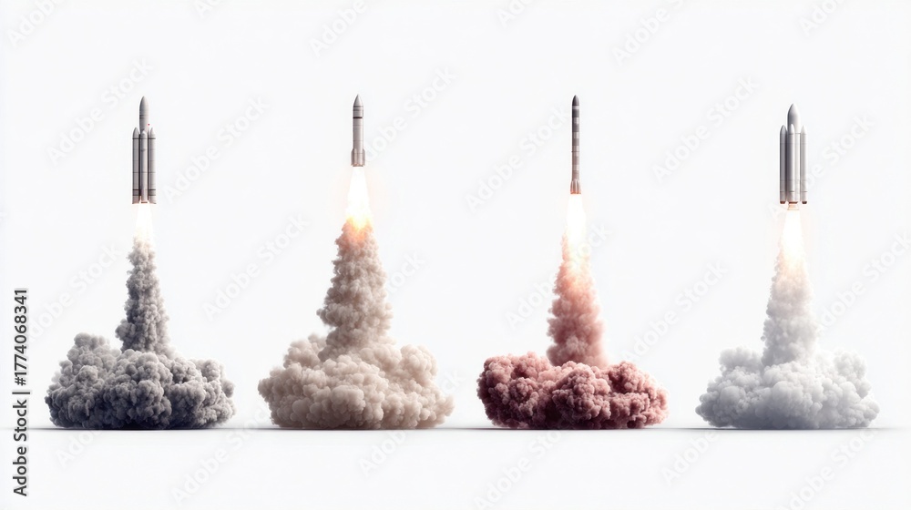 Fototapeta premium Multiple rockets launch into space with billowing smoke against a white background