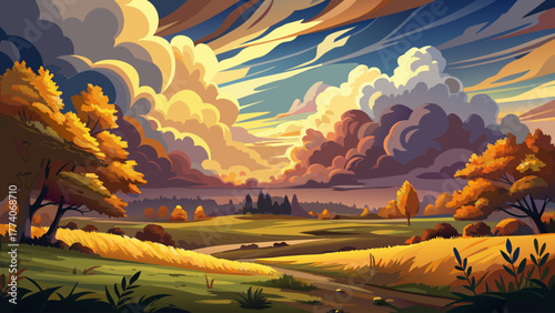 Very beautiful dramatic cloudscape over a forested meadow in autumn at sunset, located in the suburbs of Indianapolis, Indiana, USA, showcasing golden foliage and vibrant seasonal colors.