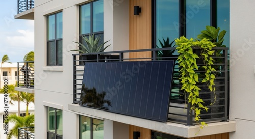 Balcony glossy black solar panel on white stucco apartment with agave and trailing vine, palms in background, Sarasota, Florida, USA