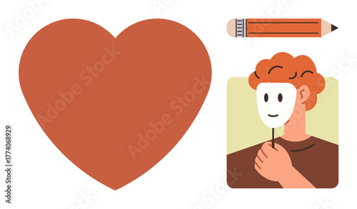 Red heart, person holding a smiling mask, and pencil illustrating emotions, identity, self-expression, and creativity. Ideal for love, art, psychology self-awareness creativity authenticity