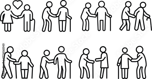 A series of line art images depicting acts of care and assistance for senior citizens, symbolizing support and love.