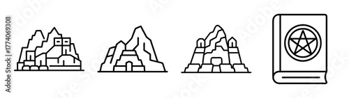 Ancient mayan pyramids and pentagram book vector illustration for occult and mystery themes