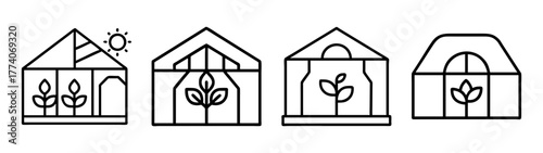 Illustration of greenhouse structures showcasing plant growth for gardening and botanical designs