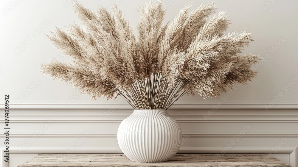 Naklejka premium Pampas grass vase, minimalist interior, beige tones, home decor, calm atmosphere