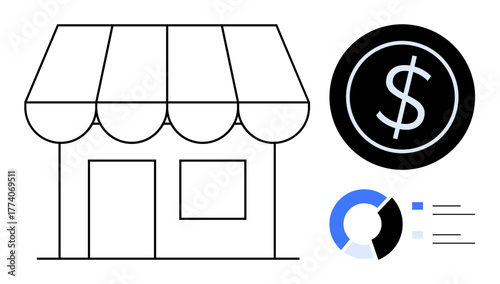Minimalist store facade with awning alongside bold dollar sign and data chart. Ideal for entrepreneurship, finance, retail, market analysis, e-commerce, startup strategy, simple flat metaphor