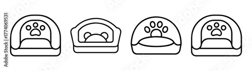 Vector outline illustration of dog beds with paw prints for pet shop and pet supplies store