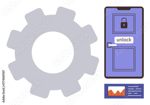 Gear next to door with lock and unlock label, highlighting process, access, and control. Ideal for technology, security, innovation, process improvement, data business simple flat metaphor